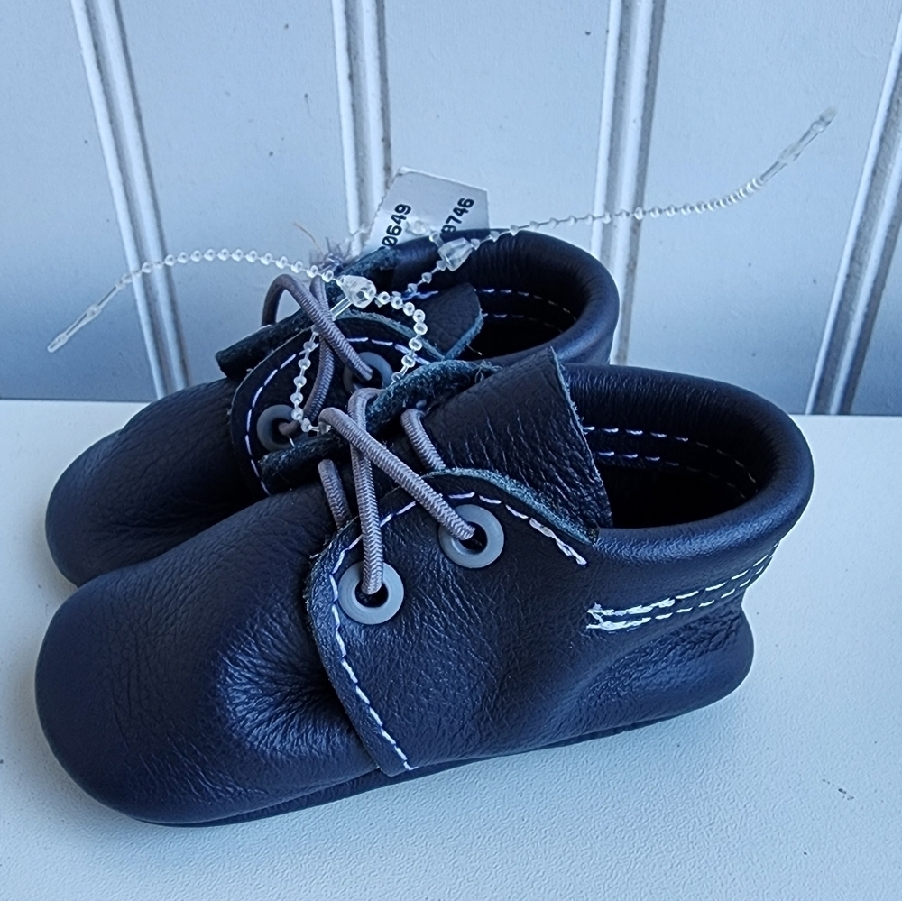 Coral Pear Genuine Premium Leather Classic Infant Moccasin Baby Navy Blue Sz 1